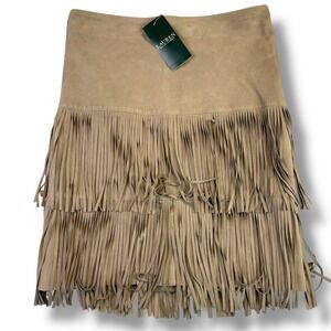 Lauren Ralph Lauren Tan  Goat Leather suede Fringe Midi Skirt western Size 2 New